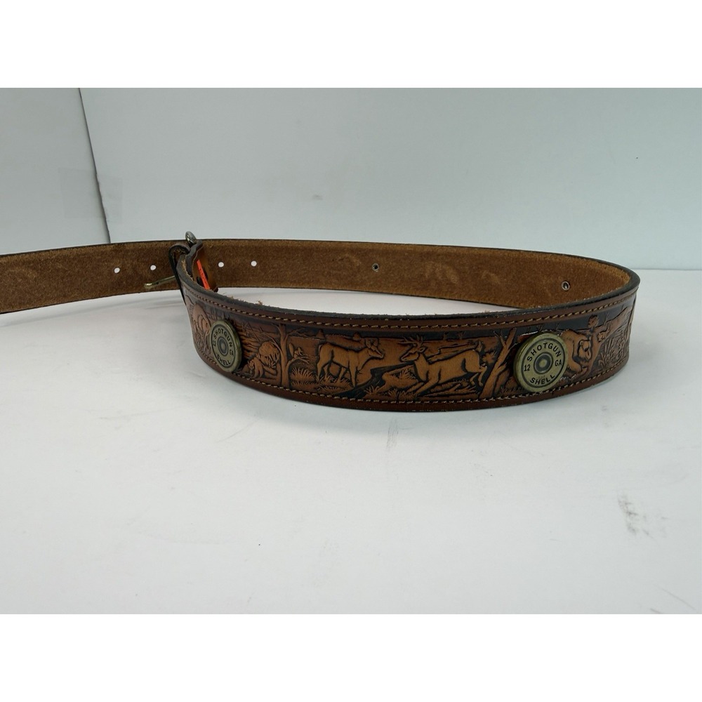 Dixie Genuine Leather Belt Wildlife Designs Shotgun Shell Buttons Hunting Sz 30